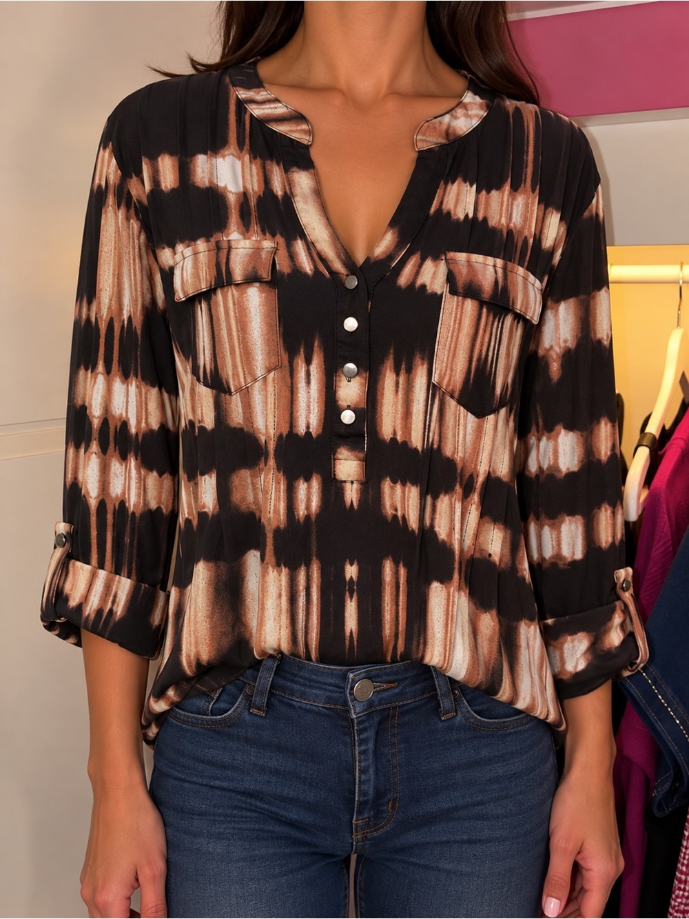 Cocomo Black and Brown Tie-Dye Henley Tunic Top